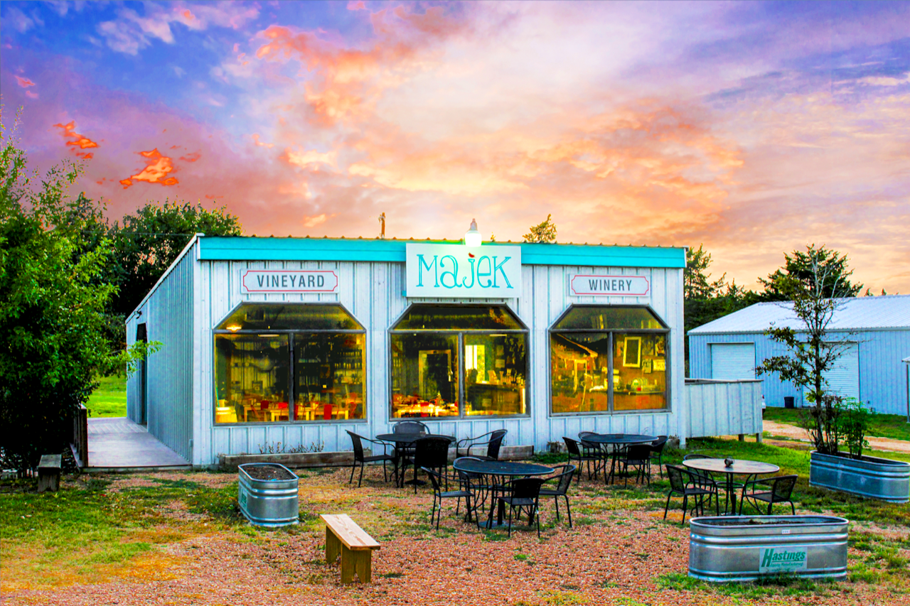 Majek Winery storefront sunset
