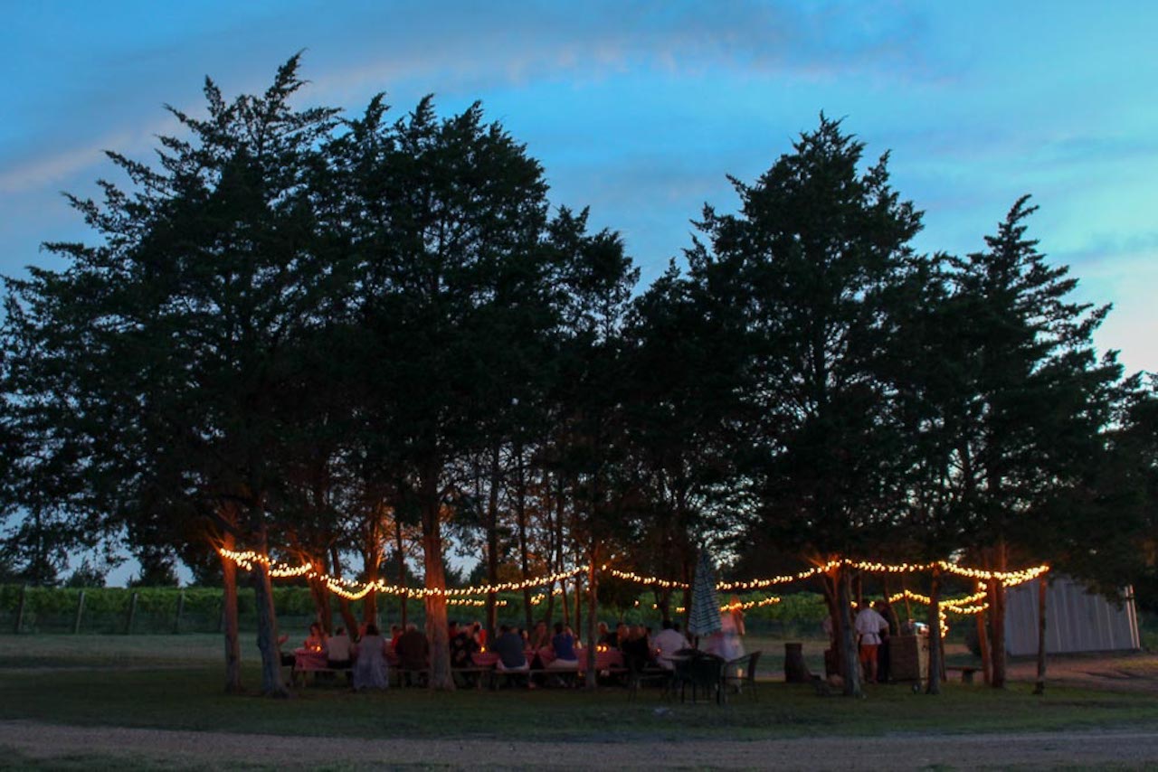 Majek Vineyard outside patio at night